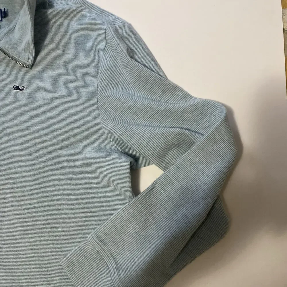 Vineyard Vines Mens XL Saltwater 1/4 Zip Pullover Light Blue Striped Sweater
